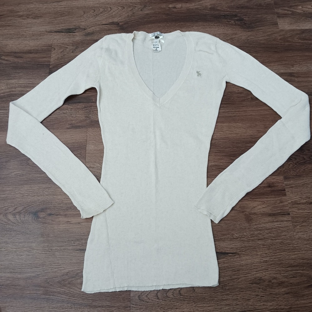 Vtg Y2K Abercrombie and Fitch Deep V Neck Lightweight Sweater Top Ribbed Large